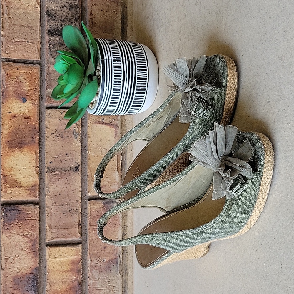 green canvas espadrilles wedge sandals